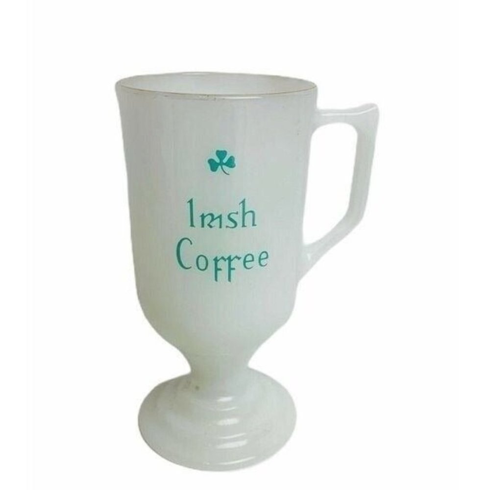 Milk Glass Irish Coffee Mug White Pedestal Gaelic Celtic Green Shamrock 5.5”